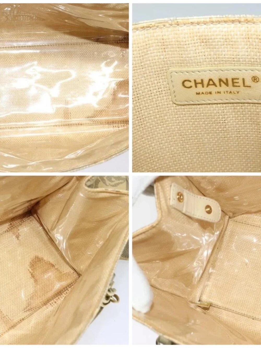 CHANEL Camelia Chain Tote Bag Straw Beige CC Auth 122907